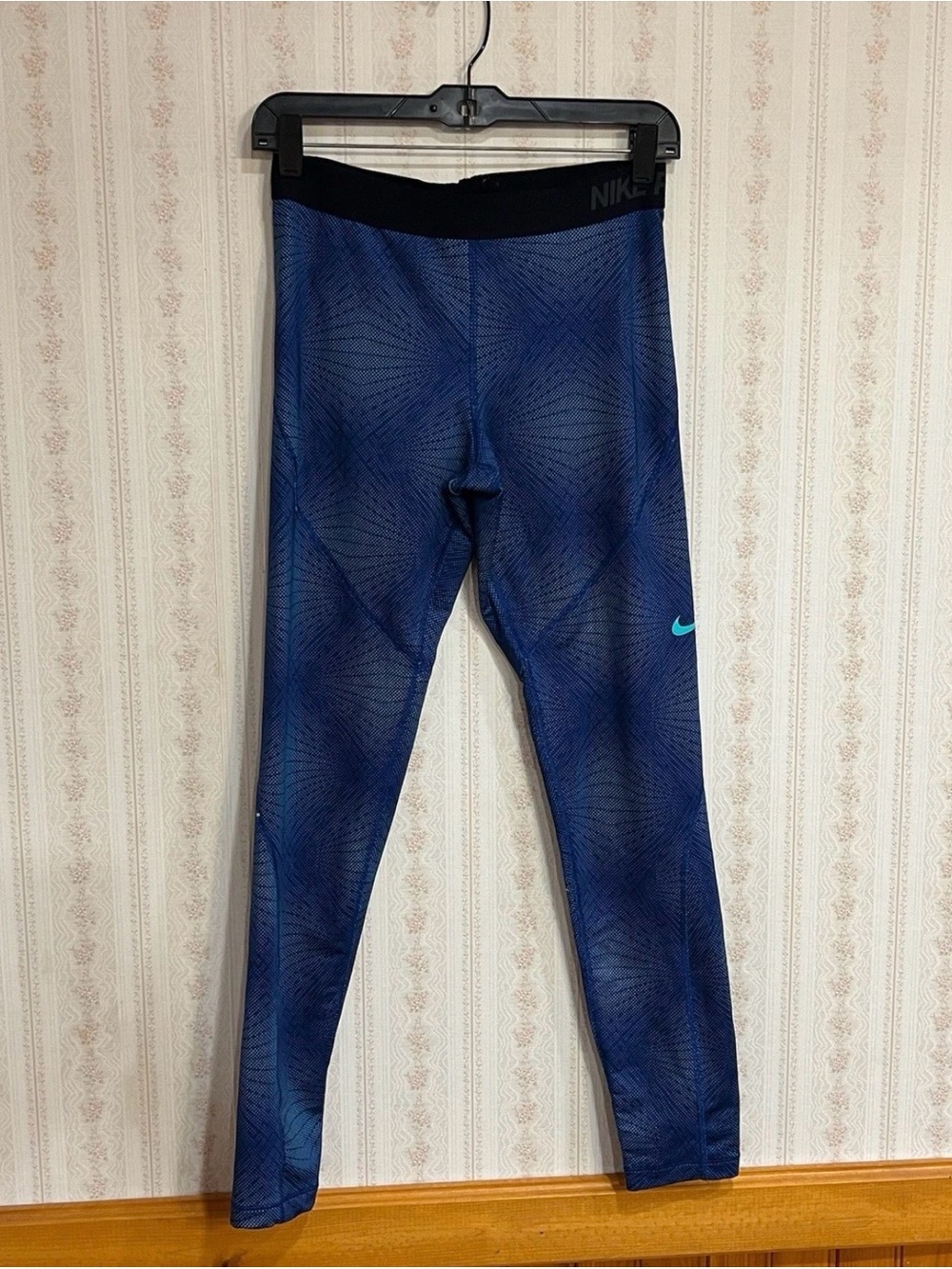 Nike Blue Geometric Print Leggings with Teal Swoosh